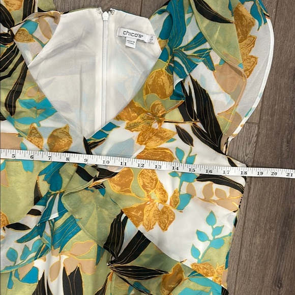 Chico's Yellow Green V-Neck Flutter Sleeve Midi Tropical Resort Dress Size 0/4 - Picture 8 of 12